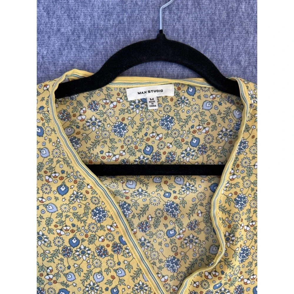 Max Studio Yellow Floral‎ Tie Front Top Medium Short Sleeve Cropped Boho Blouse